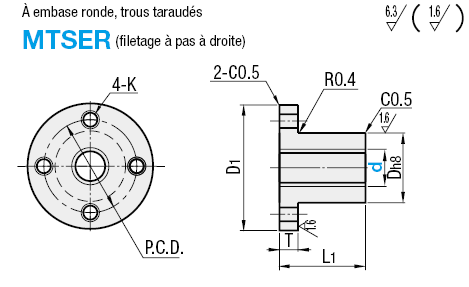 Écrous de vis-mères - À embase ronde, trous taraudés, filetage à pas à droite:Affichage d'image associés