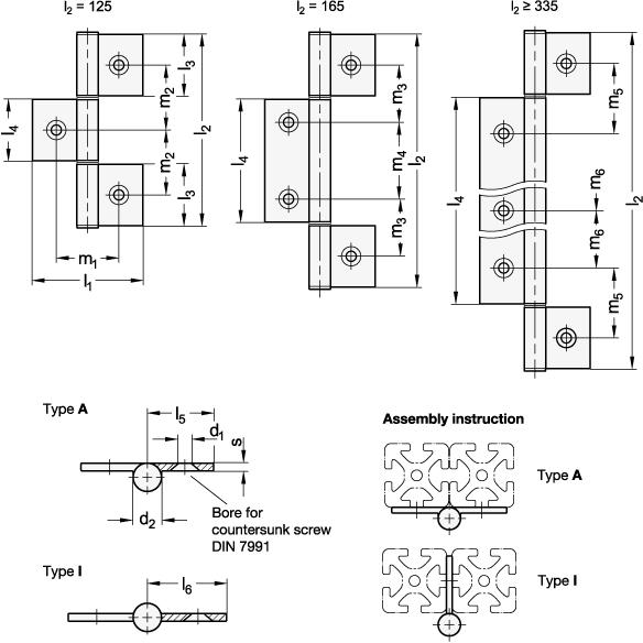 Charnières pour profilés en aluminium / éléments de surface, en trois parties