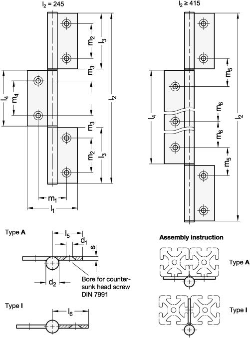 Charnières pour profilés en aluminium / éléments de surface, en trois parties, étirées verticalement