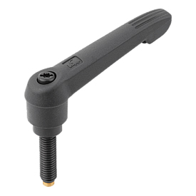 Manette indexable en plastique avec filetage et doigt d'appui en laiton, insert fileté en acier bruni (06612)