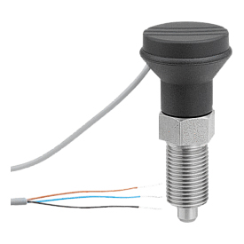 Doigt d'indexage en acier ou en inox avec bouton de manœuvre en plastique et capteur d'état, filaire (03090-20)