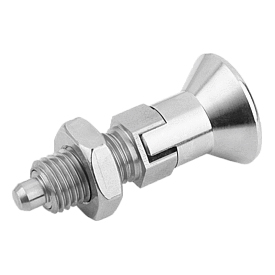 Doigt d'indexage en inox avec bouton de manœuvre en inox. Encoche d'arrêt et contre-écrou (03089)