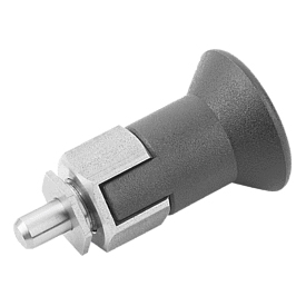 Doigt d'indexage en acier ou en inox pour pièces à parois minces avec bouton de manœuvre en plastique et encoche d'arrêt (03089)