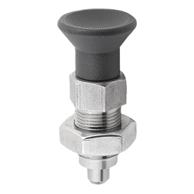 Doigt d'indexage premium en acier ou en inox avec bouton de manœuvre en plastique, doigt d'arrêt cylindrique et contre-écrou (03089)