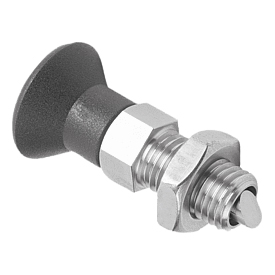 Doigt d'indexage en acier ou en inox avec bouton de manœuvre en plastique, protection anti-rotation, chanfrein d'introduction et contre-écrou (03089-10)