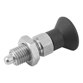 Doigt d'indexage en acier ou en inox avec bouton de manœuvre en plastique et contre-écrou (03089)
