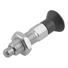 Doigt d'indexage ECO en acier ou en inox avec bouton de manœuvre en plastique et contre-écrou (03089)
