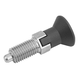 Doigt d'indexage en acier ou en inox avec bouton de manœuvre en plastique et encoche d'arrêt (03089)