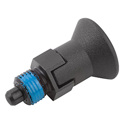 Doigt d'indexage en acier ou en inox modèle court avec bouton de manœuvre en plastique, frein-filet et encoche d'arrêt (03089)